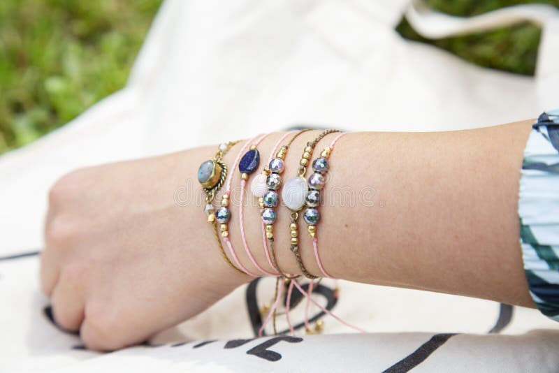 Hand Wearing Collection of Tiny Gemstone Bracelets Stock Image Image