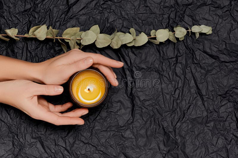 Female Hands with Aromaric Scented Candle. Spa Stock Image Image of