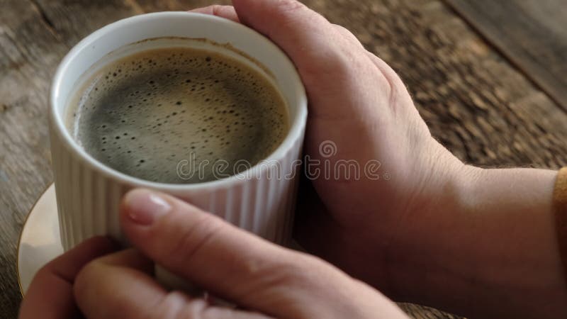Female hands holding a cup of coffee. Drinking morning coffee stock video footage
