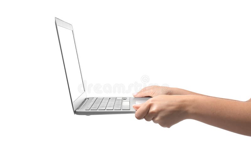 Female hands holding laptop on white background stock photos