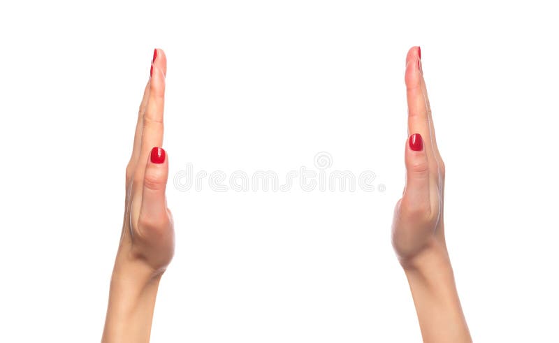 Female hands holding something invisible on white background. stock photos