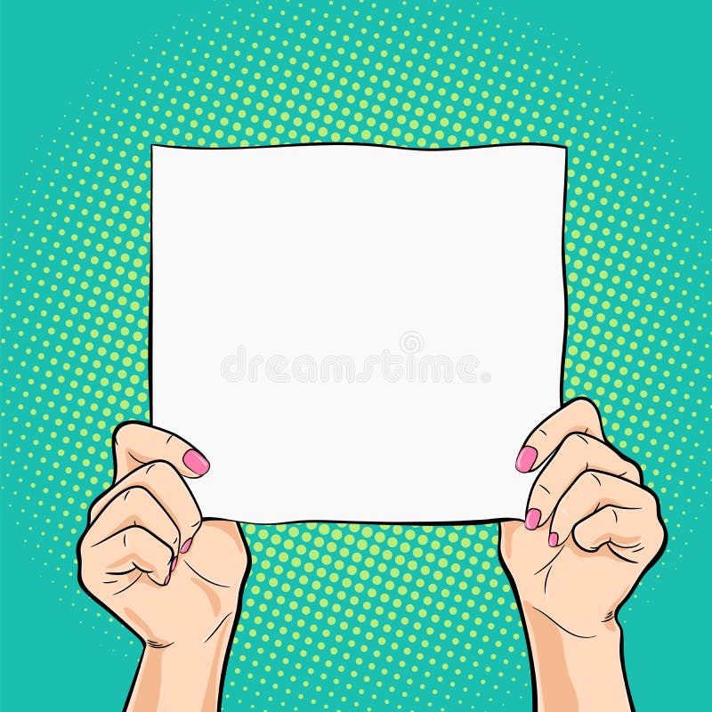 Female hands holding a white square paper vector illustration in pop art retro style eps10