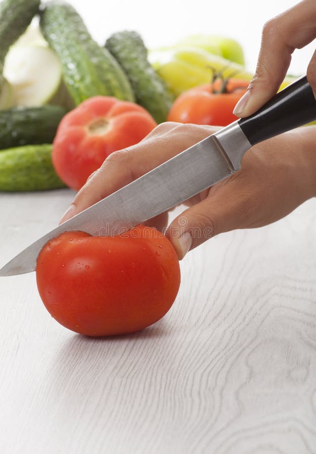 Female Hands with Knife, Cutting Tomatoes Stock Image Image of