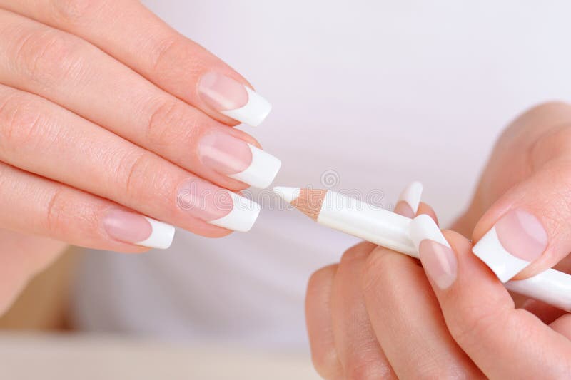 Female Hands with Manicure White Pencil Stock Image Image of focus