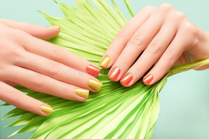 Short Orange and Green Nail Design - wide 3