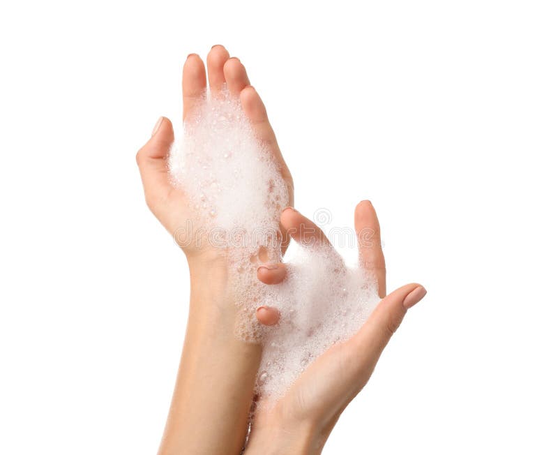 Female hands with soap foam on white background royalty free stock photography