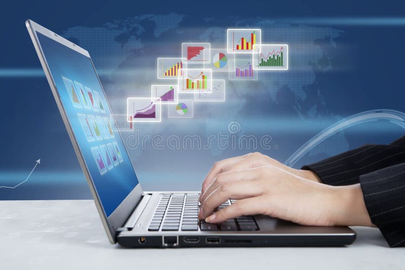 Laptop and global bar charts report stock photography