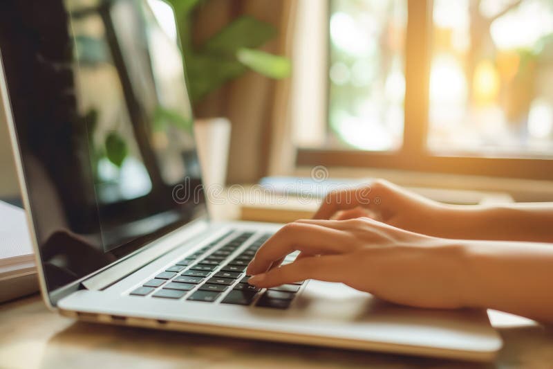 Female hands typing on laptop screen with notepad nearby. Close-up of fingers working on computer keyboard. Woman studies online stock illustration