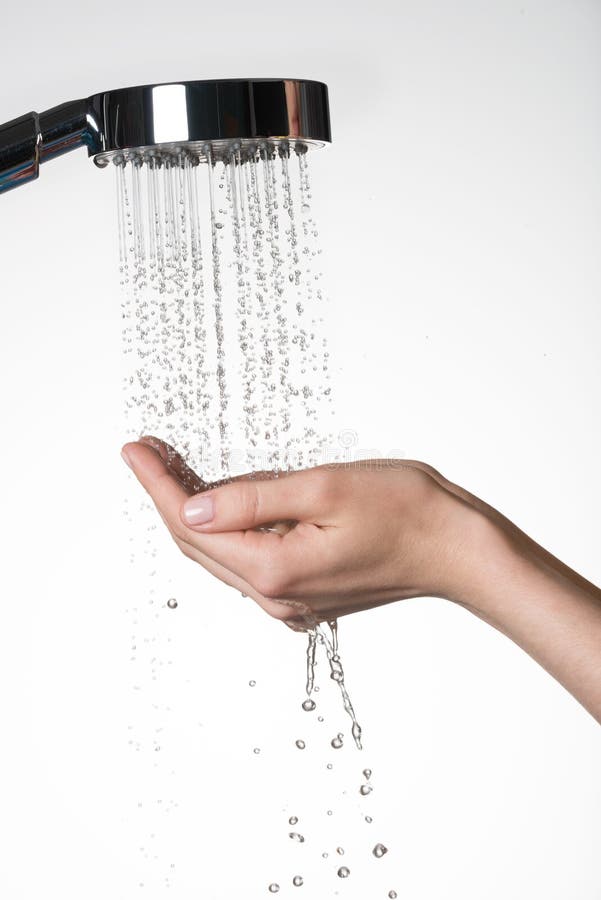 Female hands under the stream of water from shower