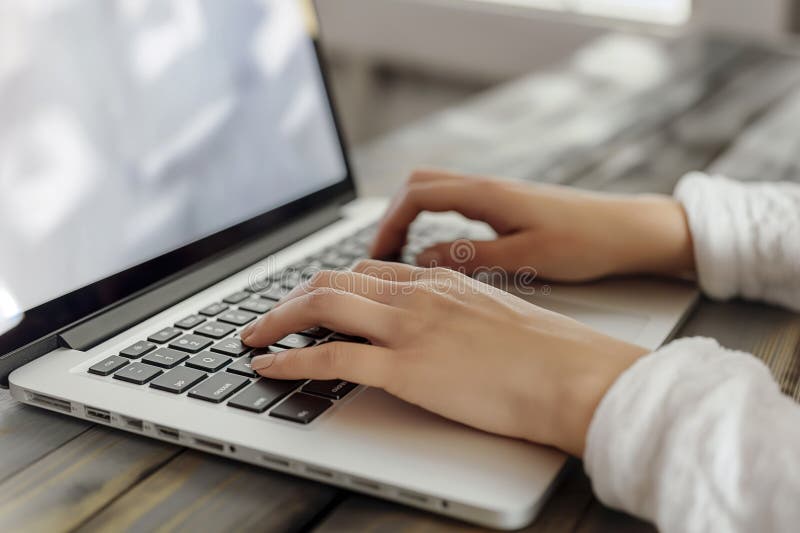 Female hands work on laptop with documents, notes, and keyboard. Close-up of woman using computer for online course, remote work vector illustration