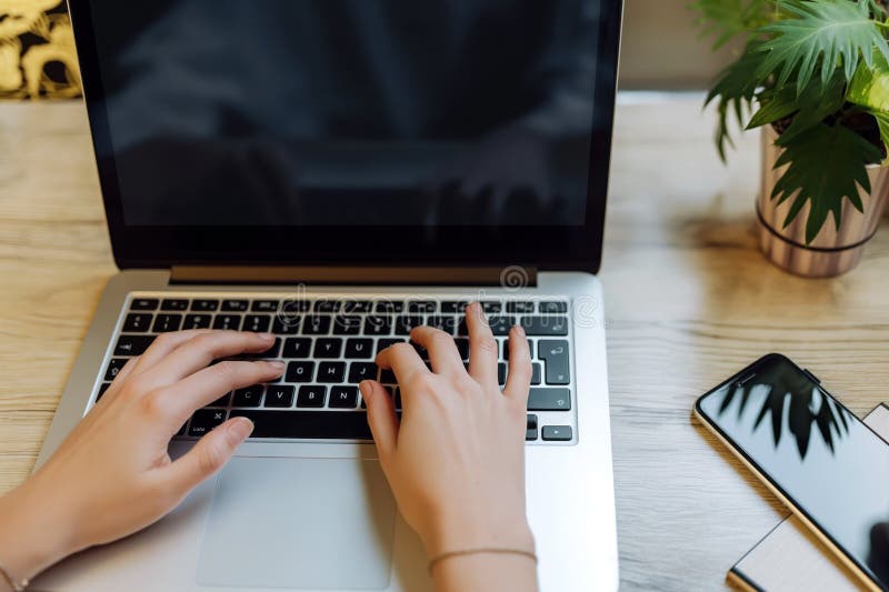 Female hands working on laptop in close-up. Fingers typing on keyboard, navigating digital interface. Woman using computer for vector illustration