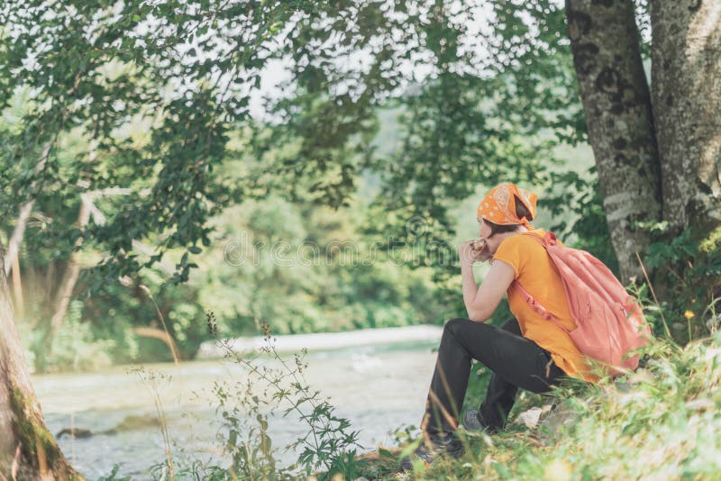 Female Hiker Eating Sandwich in Nature Stock Image - Image of adventure ...