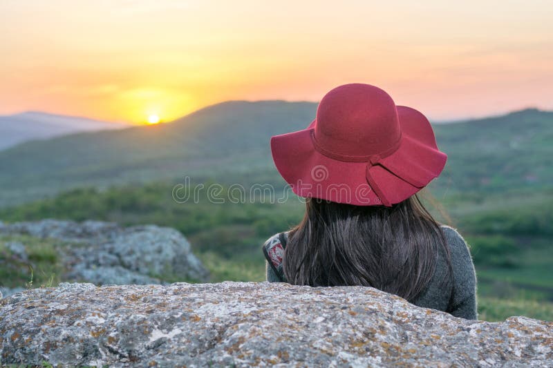 Female Hiker Enjoying Sunset Stock Image - Image of hiking, mountain