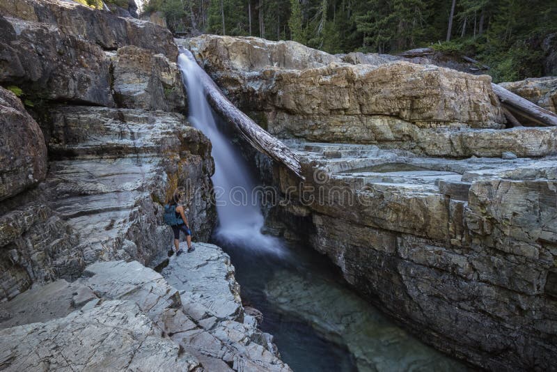 Female Hiker, Lower Myra Falls, Strathcona Provincial Park, Camp stock photos Female Hiker, Lower Myra Falls, Strathcona Provincial Park, Camp stock photos