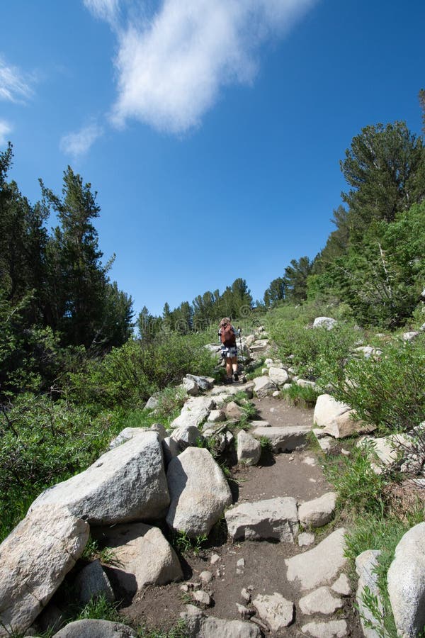 Female hiker makes her way on an uphill climb in the Little Lakes Valley hiking area of California Eastern Sierra Nevada mountains stock image Female hiker makes her way on an uphill climb in the Little Lakes Valley hiking area of California Eastern Sierra Nevada mountains stock image