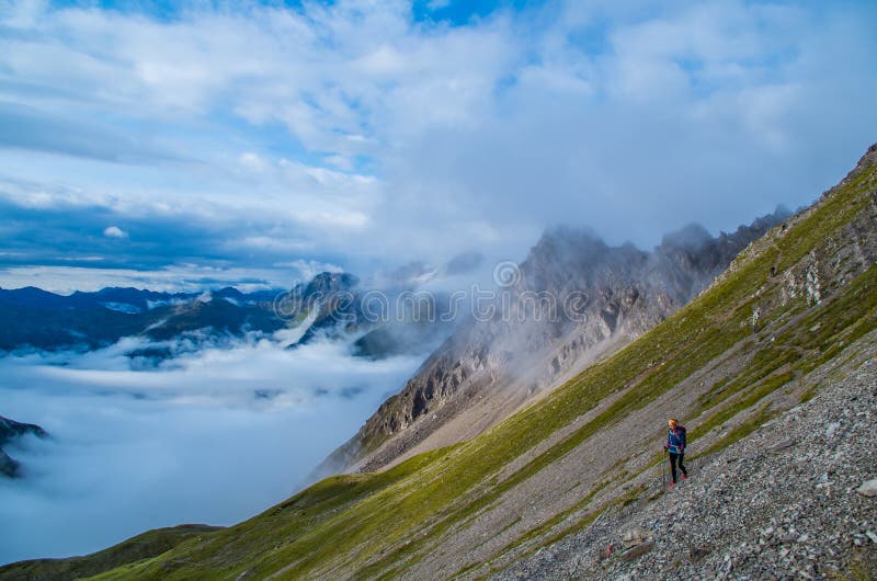 Female hiking in the mountains of Lechtal Alps, Austria royalty free stock photos Female hiking in the mountains of Lechtal Alps, Austria royalty free stock photos