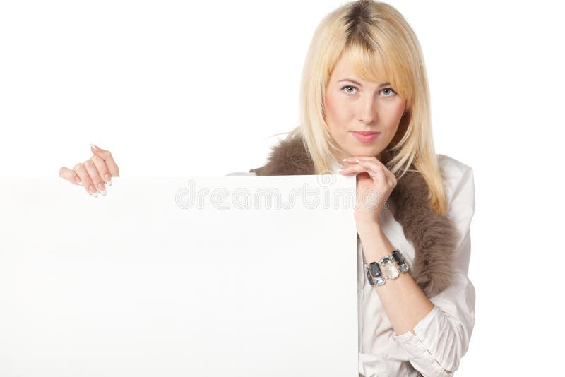 Female holding blank banner