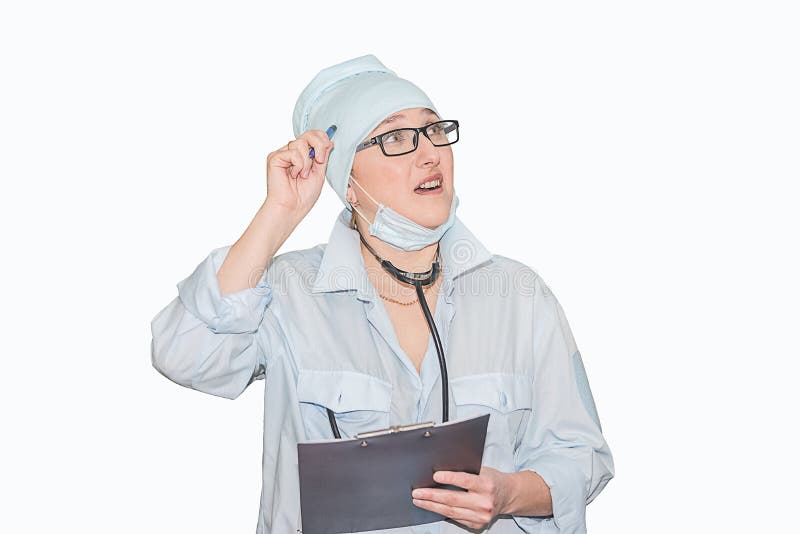 Female Intern writes the diploma, doctor thoughtfully emotions royalty free stock images Female Intern writes the diploma, doctor thoughtfully emotions royalty free stock images