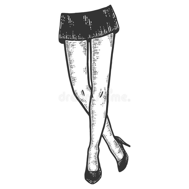 Female legs in a short skirt and shoes. Sketch scratch board imitation. Black and white. Engraving vector illustration.