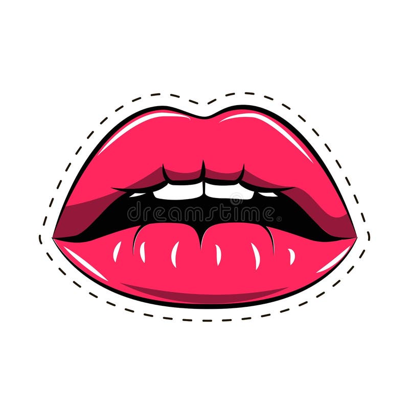 Female lips. Mouth with a kiss, smile, tongue, teeth. Vector comic illustration in pop art retro style isolated on white. Background vector illustration Female lips. Mouth with a kiss, smile, tongue, teeth. Vector comic illustration in pop art retro style isolated on white. Background vector illustration