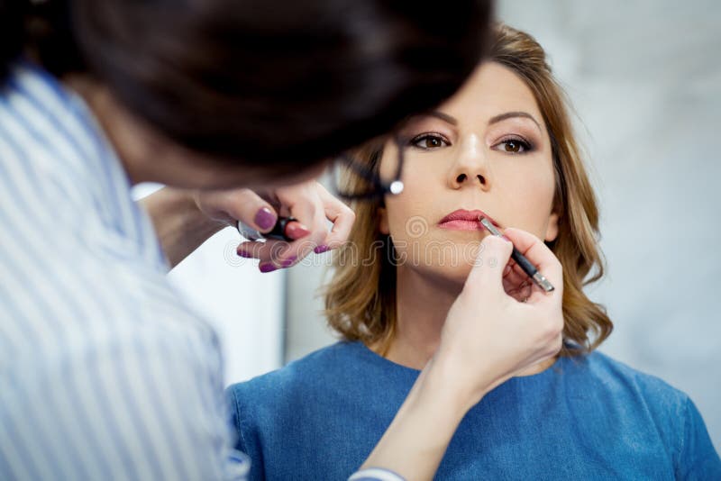 Female Make Up Artist Working on Model in Salon Stock Photo Image of