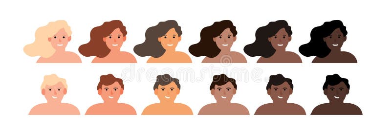 The Fitzpatrick scale. Women with different skin tone, hair and eyes color.  Flat vector illustrations isolated on white Stock Vector
