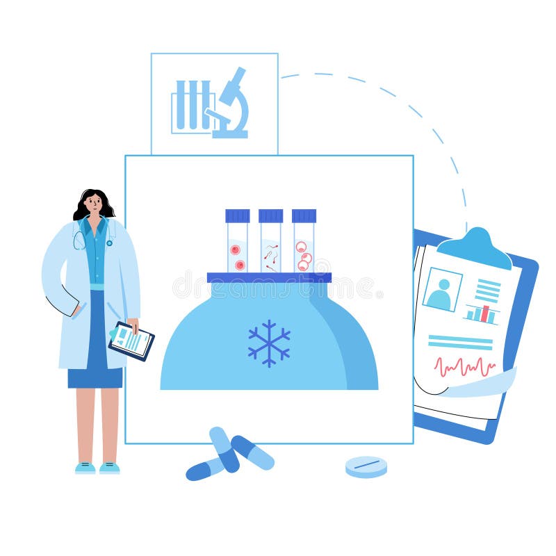 Female, male egg cell cryopreservation. Embryo icon in tube. Sperm and ovum. Fertilisation, gynecology testing. Doctor in lab. Human sexual reproductive system. Medical poster IVF vector illustration. Female, male egg cell cryopreservation. Embryo icon in tube. Sperm and ovum. Fertilisation, gynecology testing. Doctor in lab. Human sexual reproductive system. Medical poster IVF vector illustration.