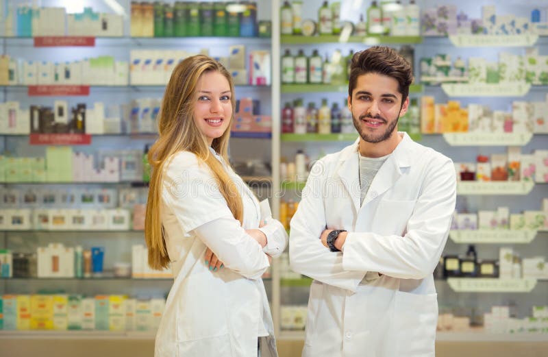 Female and male pharmacists