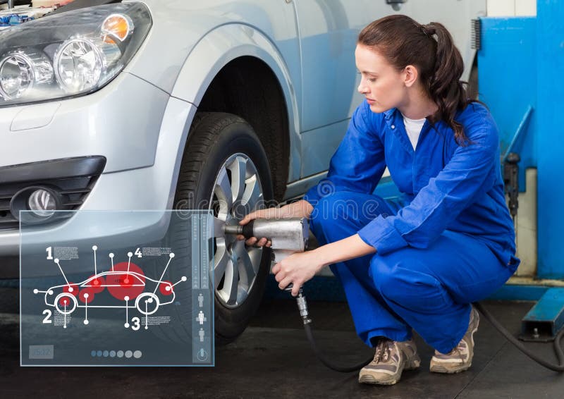 Female Mechanic Working Against Car Mechanics Interface in Background