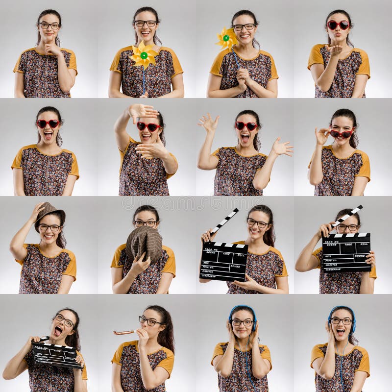 Multiple portraits of the same woman making different activities. Multiple portraits of the same woman making different activities