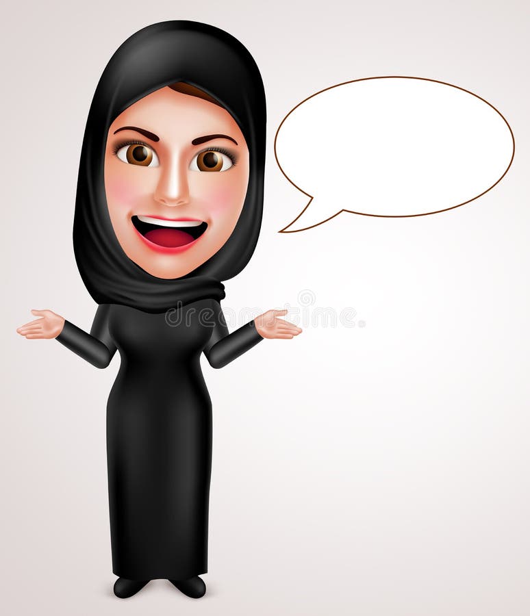 Female muslim arab talking and presenting with empty speech bubbles stock illustration Female muslim arab talking and presenting with empty speech bubbles stock illustration