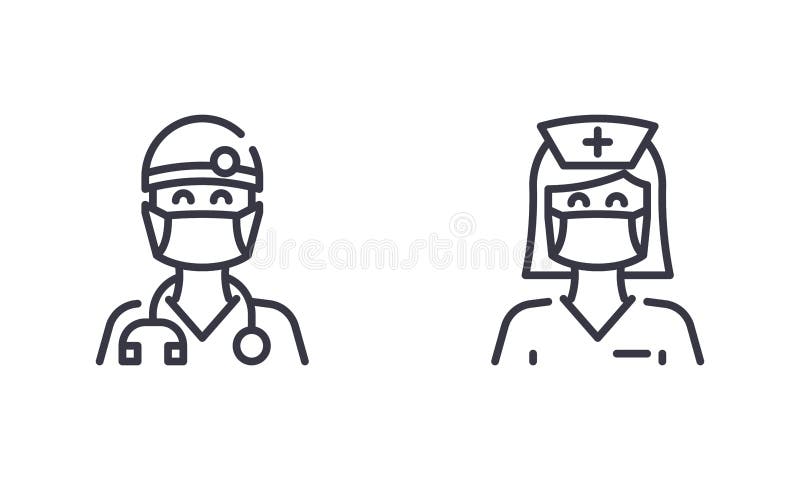 Female Nurse and Male Doctor Wear Medical Face mask to Protect Themself from Coronavirus or Covid-19. Outline Illustration Vector
