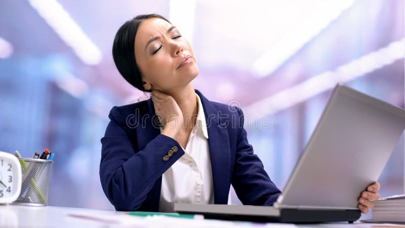 Female office worker feeling neck pain, chronic spinal disease, health care