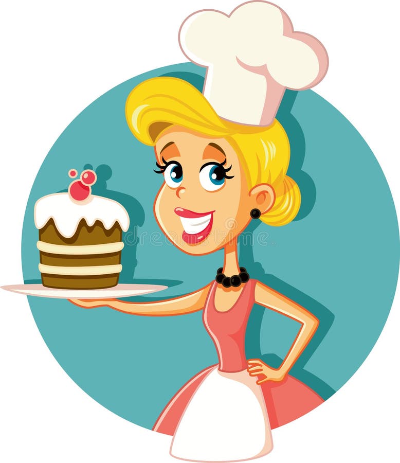 Female Pastry Chef Baking a Cake Vector Illustration Stock Vector