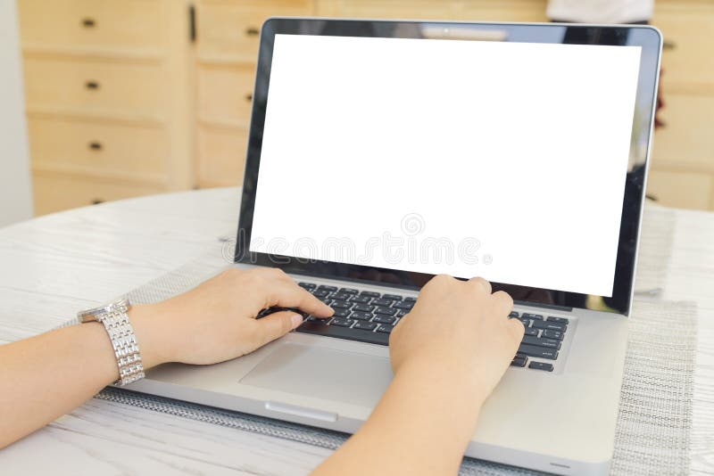 Female person sitting front open laptop computer and smart 