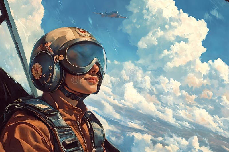 Female pilot flying above the clouds watching another plane stock images