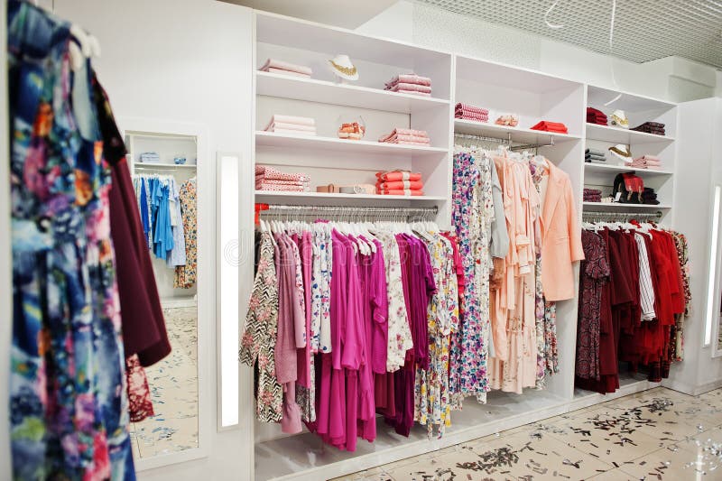 Female Pink Colorful Clothing Set of on the Racks and Shelves in Clothing  Store Brand New Modern Boutique. Spring Summer Dress Stock Image - Image of  interior, purchase: 144317233