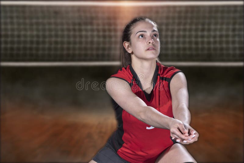 Female Professional Volleyball Player on Volleyball Court Stock Image