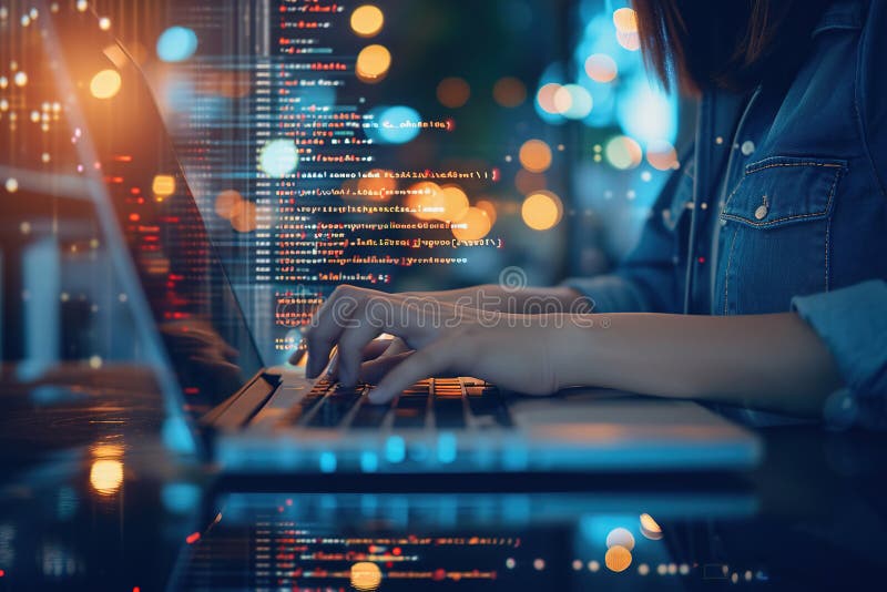 Female programmer coding in on laptop during nighttime software development session royalty free stock photos