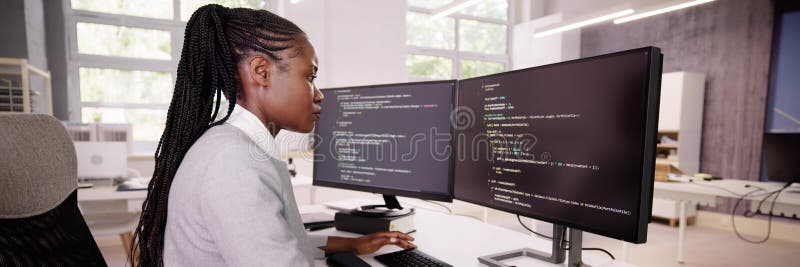 Female programmer developing code stock photos