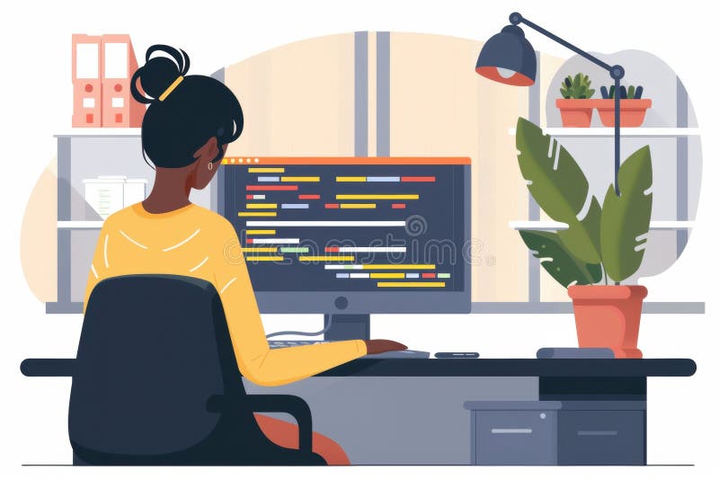 Female Programmer in Modern Home Office with App Development Software royalty free stock photos
