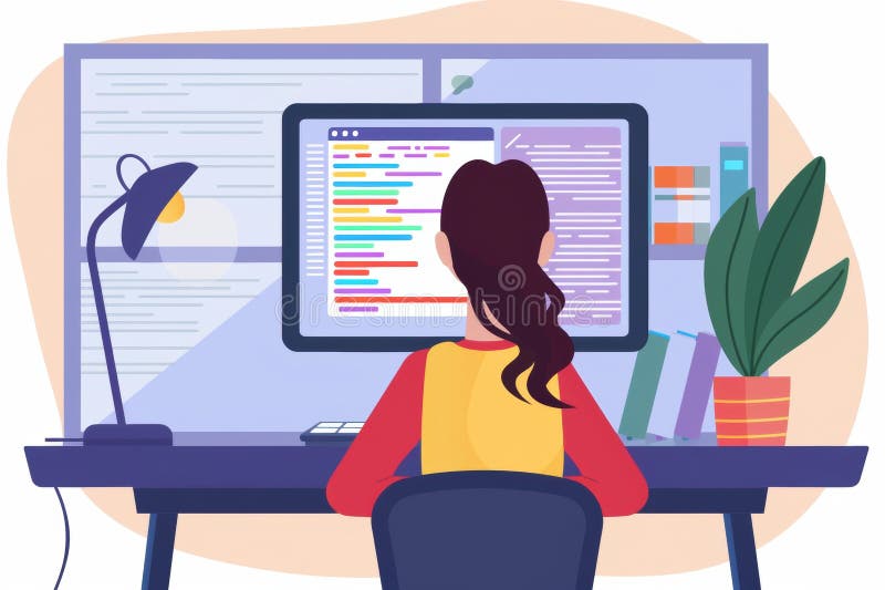 Female Programmer in Modern Home Office with App Development Software stock image