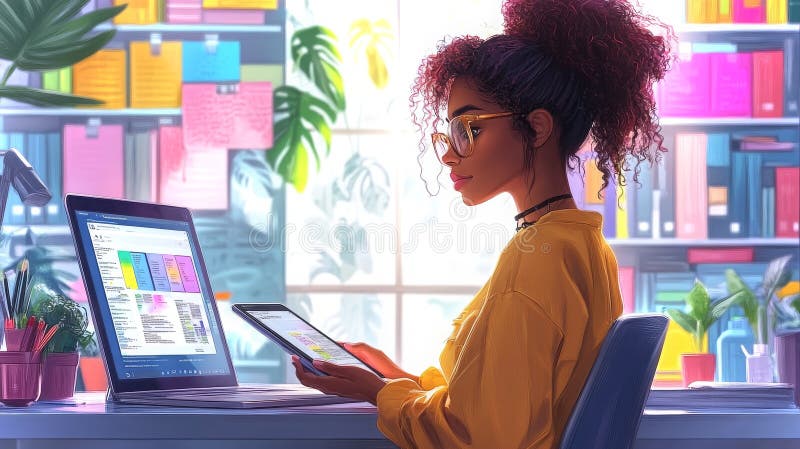 A female programmer sketches ideas on a tablet while sitting at her desk in a bright office stock photography