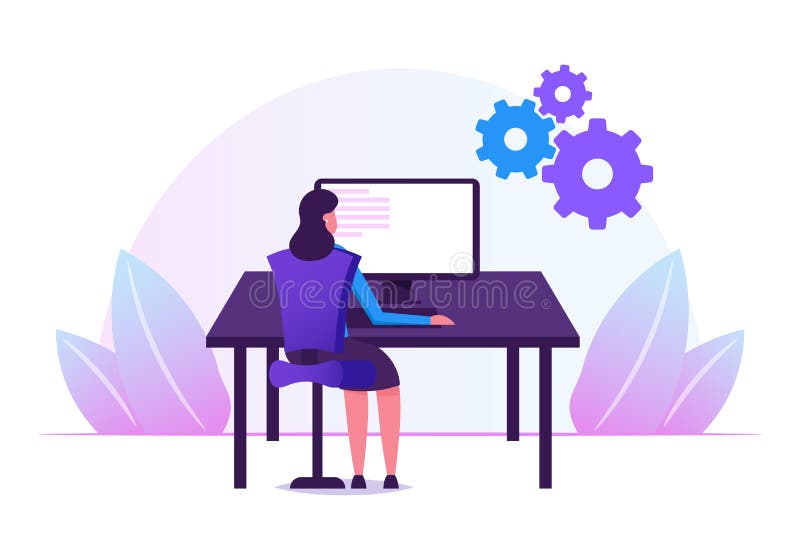 Female Programmer Working with Devops Software Development Practices Methodology. Young Woman Developer vector illustration