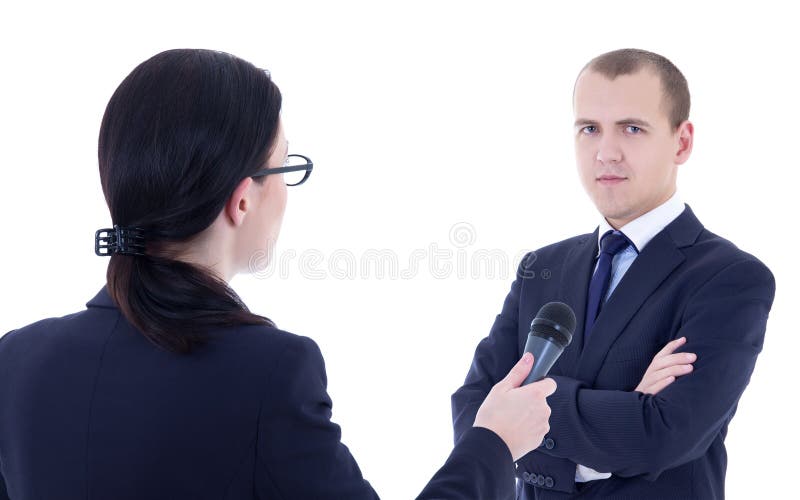 Female reporter with microphone taking interview and business ma stock photography Female reporter with microphone taking interview and business ma stock photography
