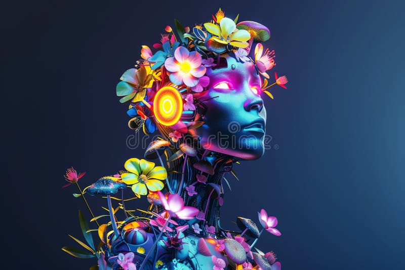 Female robot with glowing neon eyes, covered in colorful flowers, stock illustration.