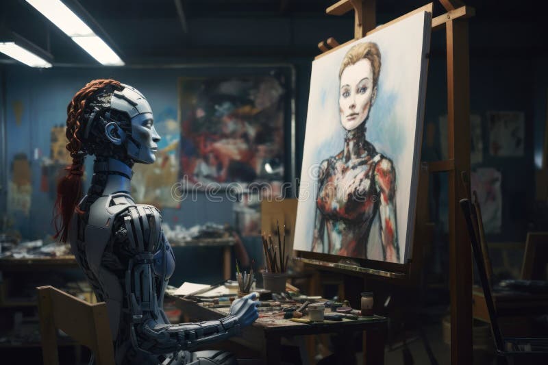 Female robot seating in art studio and creating a self-portrait. Concept of computer-generated art royalty free illustration