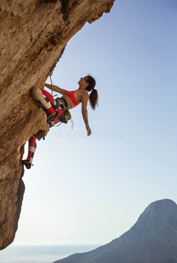 Female Rock Climber Looking Up at Challenging Route Stock Image Image