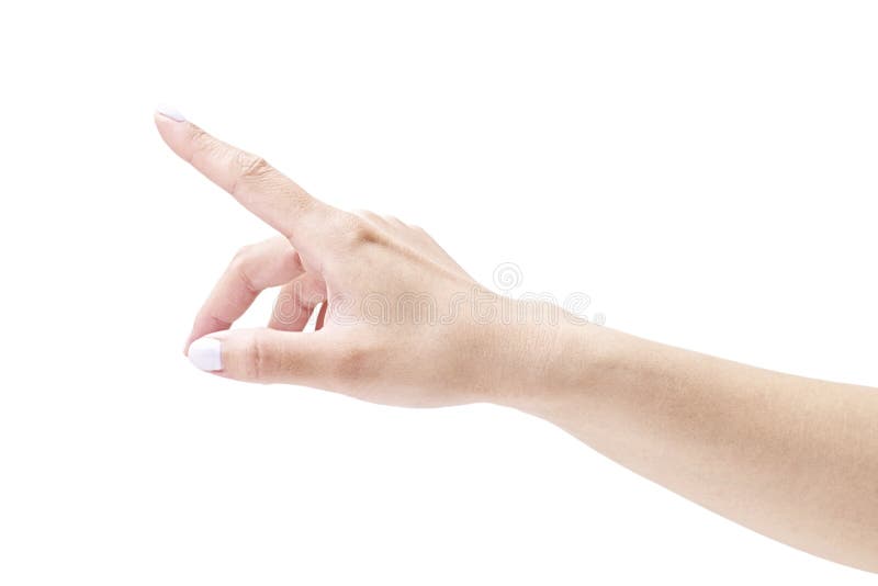 Female`s hand with index finger point upward, isolated on white background. Female`s hand with index finger point upward, isolated on white background.