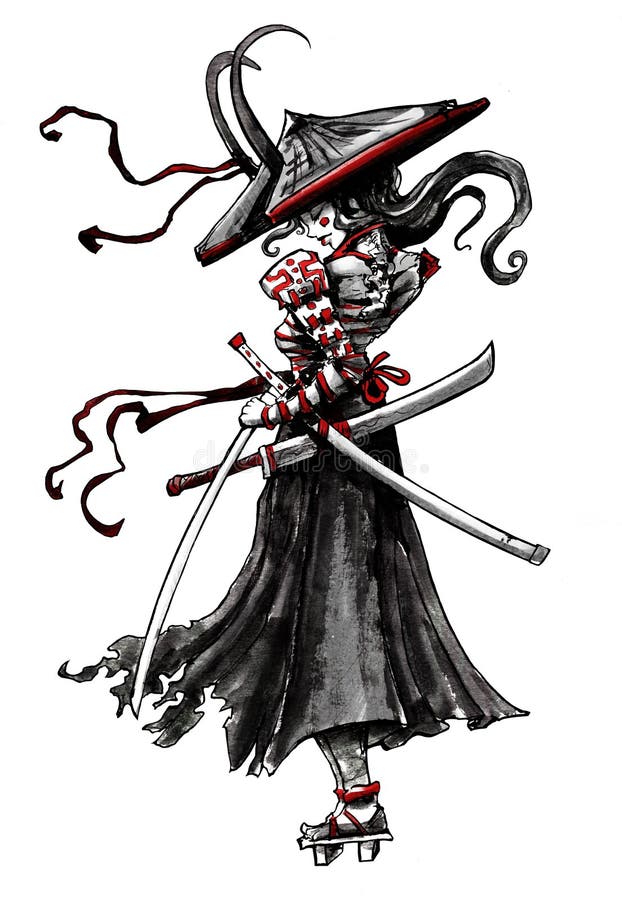 A female samurai with demonic horns in a pointed hat, and three swords.